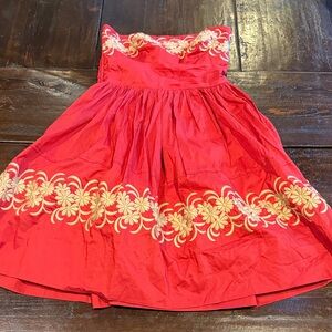 Elegant Red Strapless Dress with Floral Embroidery Anthropologie Dress
